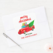 ヴィンテージな赤いトラックのクリスマス スクエアシール (封筒)