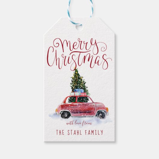 ヴィンテージな赤い車のクリスマスギフトタグ ギフトタグ (正面)