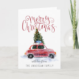 ヴィンテージな赤い車のクリスマスグリーティングカード シーズンカード
