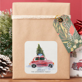 ヴィンテージな赤い車のクリスマスステッカー スクエアシール