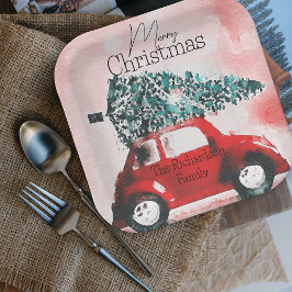 ヴィンテージな赤い車のクリスマスツリーホリデーパーティー ペーパープレート