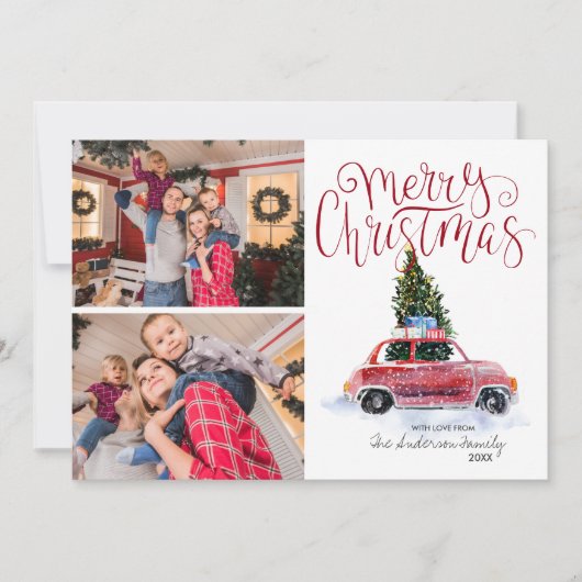 ヴィンテージな赤い車のクリスマスツリー | フォトコラージュ シーズンカード (正面)