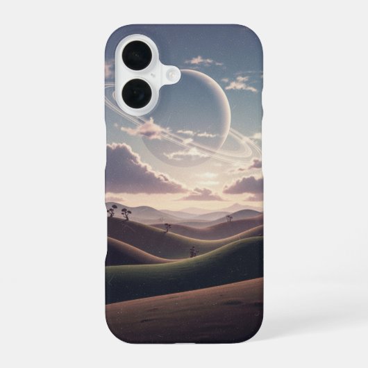 ヴィンテージな輪のある惑星が丘の上に iPhone 16ケース (裏面)
