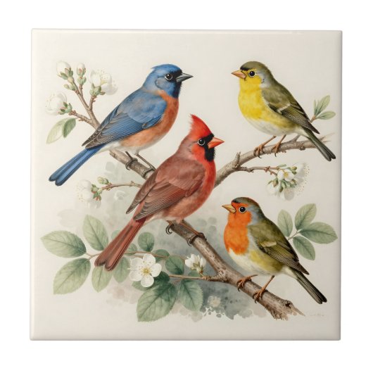 ヴィンテージな野鳥と花の枝のイラスト タイル (正面)