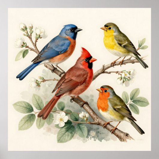 ヴィンテージな野鳥の花咲く枝のイラスト ポスター (正面)
