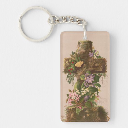 ヴィンテージな風情のある花柄の十字架 イースター カード キーホルダー (正面)