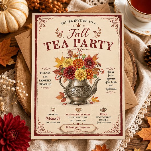 ヴィンテージな風情漂うレトロモダンな秋の紅茶パーティー 招待状