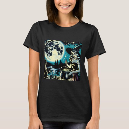 ヴィンテージな魔女が大鍋をかき混ぜるハロウィンパーティー Tシャツ (正面)