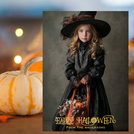 ヴィンテージな魔女の写真 怖いハロウィン ゴールドのカボチャ 箔シーズンカード