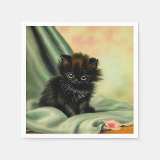 ヴィンテージな黒猫のイラスト スタンダードカクテルナプキン (正面)