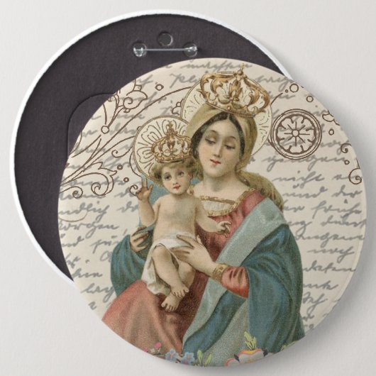 ヴィンテージによって戴冠させる賛美された新しい母メリーイエス・キリスト 缶バッジ (正面&裏面)
