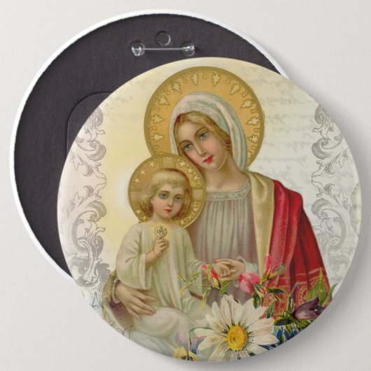 ヴィンテージによって母メリー賛美される新しいイエス・キリスト花柄 缶バッジ (正面&裏面)