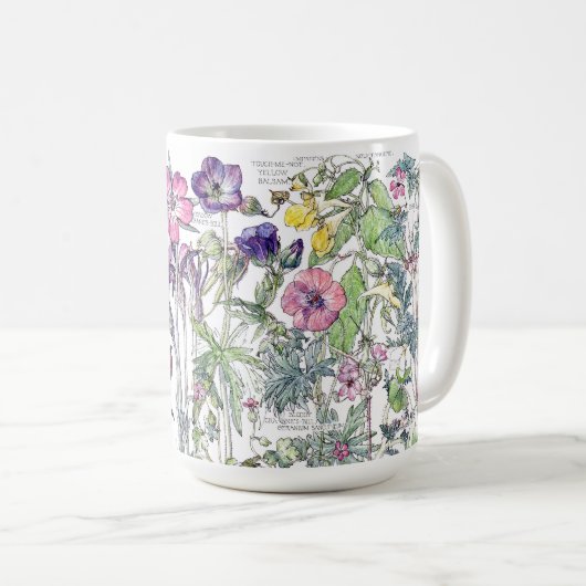 ヴィンテージによってImpatiensはハーブの野生の花のマグが開花します コーヒーマグカップ (正面右)