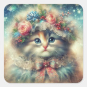 ヴィンテージに汚れたシックなクリスマスキャット スクエアシール (正面)