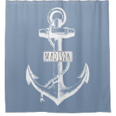 ヴィンテージのいかりと名前のほこりっぽい青航海の シャワーカーテン (正面)