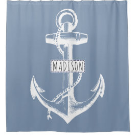ヴィンテージのいかりと名前のほこりっぽい青航海の シャワーカーテン