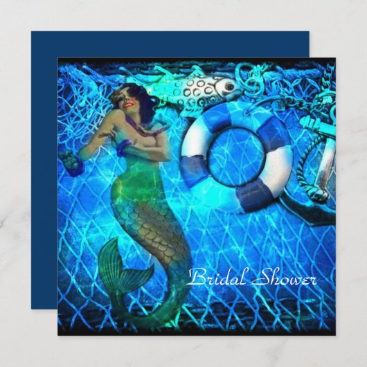 ヴィンテージのいかりの人魚のビーチのブライダルシャワー 招待状 (正面/裏面)