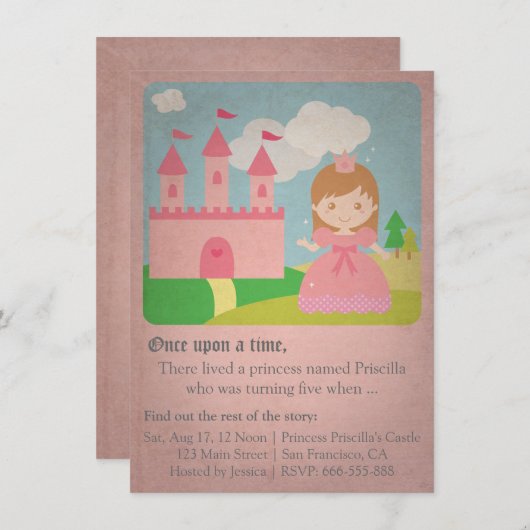 ヴィンテージのおとぎ話のプリンセス、女の子の誕生会 招待状 (正面/裏面)