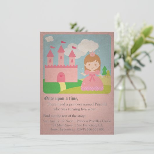 ヴィンテージのおとぎ話のプリンセス、女の子の誕生会 招待状 (スタンド正面)