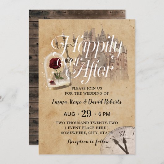 ヴィンテージのおとぎ話の城の後を楽し結婚く 招待状 (正面/裏面)