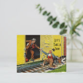 ヴィンテージのおもしろいな繋ぐ乗車は旅行の列車を取るために割り当てます シーズンポストカード (スタンド正面)