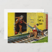 ヴィンテージのおもしろいな繋ぐ乗車は旅行の列車を取るために割り当てます シーズンポストカード (正面/裏面)