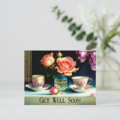 ヴィンテージのお茶とバラが早く元気 ポストカード (スタンド正面)