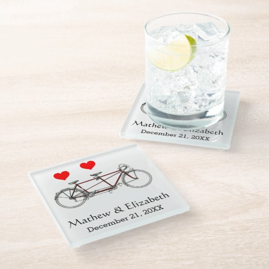 ヴィンテージのかわいいタンデム自転車のカスタムな結婚式 ガラスコースター (アングル)