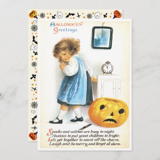 ヴィンテージのかわいい怖い少女と悲しいカボチャ 招待状 (正面/裏面)