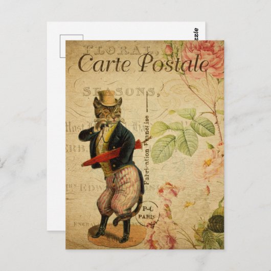 ヴィンテージのかわいい格好の帽子と傘 ポストカード (正面/裏面)