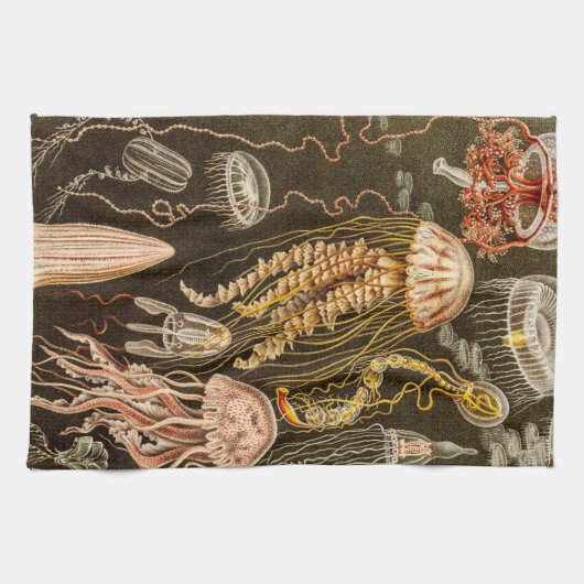 ヴィンテージのくらげの旧式なクラゲのイラストレーション キッチンタオル (横)