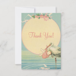 ヴィンテージのこうのとりのピンクの女の子のベビーシャワーは感謝していしています サンキューカード
