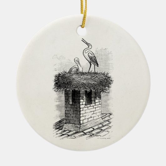 ヴィンテージのこうのとりの鳥の巣の鳥のアンティークのテンプレート セラミックオーナメント (正面)