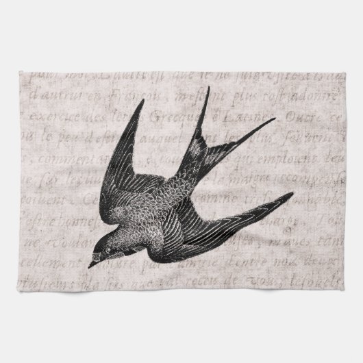 ヴィンテージのつばめのイラストレーション- 1800'sアンティークの鳥 キッチンタオル (横)