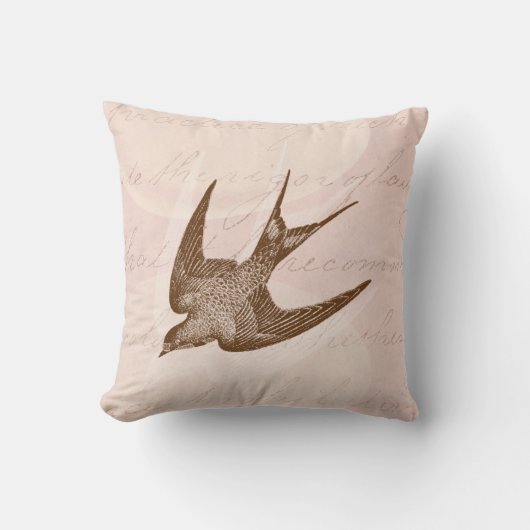 ヴィンテージのつばめのイラストレーション- 1800'sアンティークの鳥 クッション (正面)