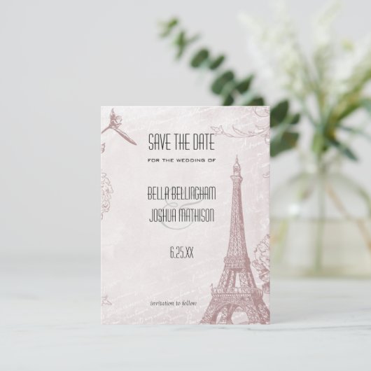 ヴィンテージのばら色のエッフェル塔の保存日付 セーブザデート (スタンド正面)