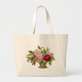 ヴィンテージのばら色の花のバスケット ラージトートバッグ