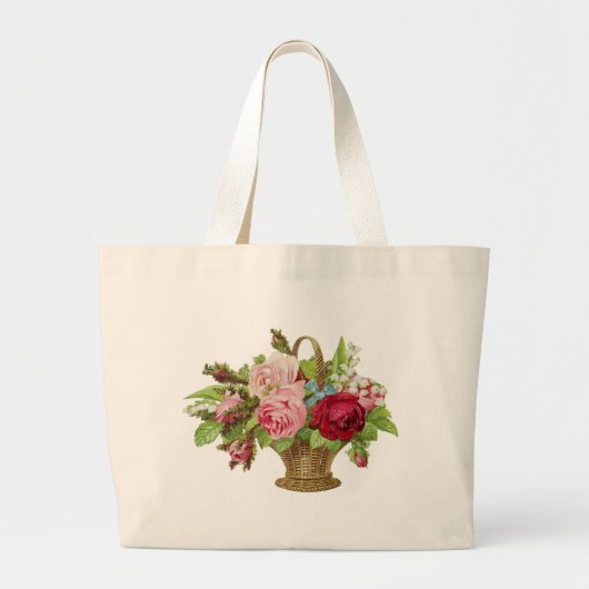 ヴィンテージのばら色の花のバスケット ラージトートバッグ (正面)