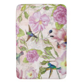 ヴィンテージのばら色の花及びハチドリパターン バスマット (正面縦)