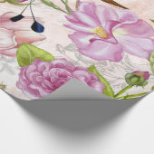 ヴィンテージのばら色の花及びハチドリパターン ラッピングペーパー (角)