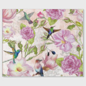ヴィンテージのばら色の花及びハチドリパターン ラッピングペーパー (フラット)