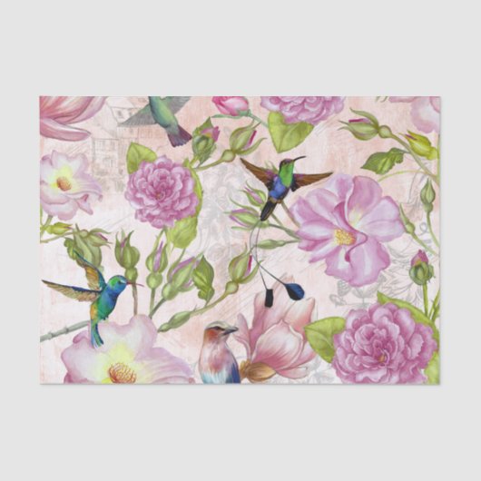 ヴィンテージのばら色の花及びハチドリパターン 薄葉紙 (正面)