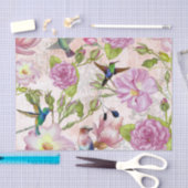 ヴィンテージのばら色の花及びハチドリパターン 薄葉紙 (クラフト)