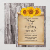 ヴィンテージのひまわり 古い巻物 木製の誕生日パーティー 招待状 (正面/裏面)