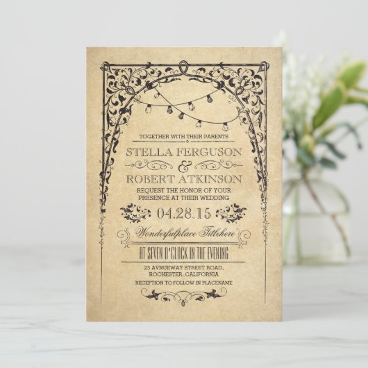 ヴィンテージのひもはアーチの結婚式招待状をつけます 招待状 (スタンド正面)