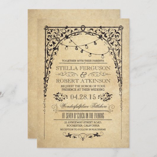ヴィンテージのひもはアーチの結婚式招待状をつけます 招待状 (正面/裏面)