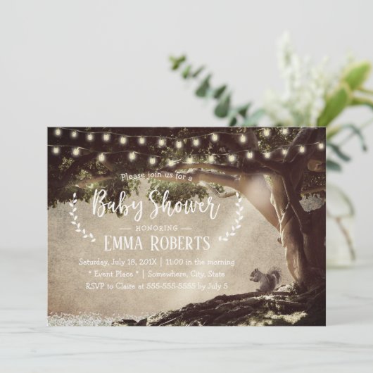 ヴィンテージのひもは木及びリスのベビーシャワーをつけます 招待状 (スタンド正面)