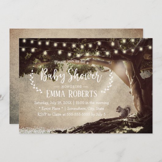 ヴィンテージのひもは木及びリスのベビーシャワーをつけます 招待状 (正面/裏面)