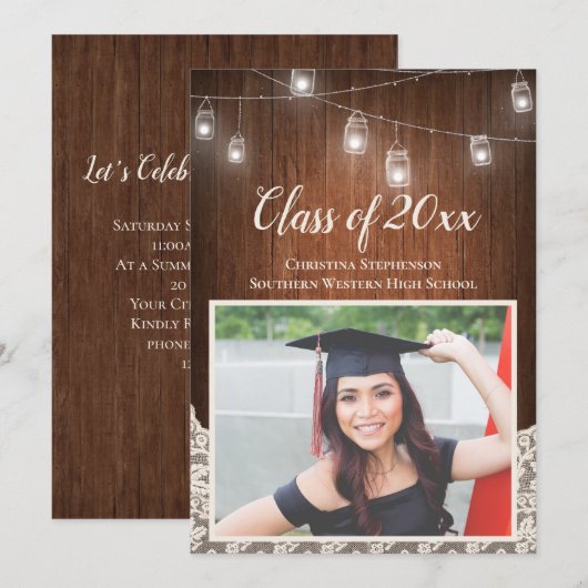 ヴィンテージのひもライト メイソンジャー フォト 卒業パーティー 招待状 (正面/裏面)