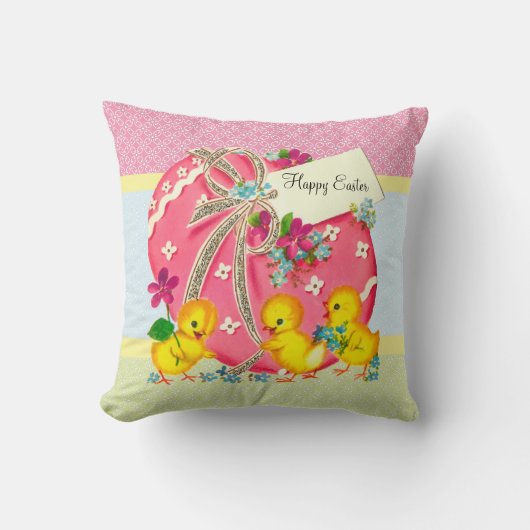 ヴィンテージのひよこおよびピンクのイースターエッグのカスタムメッセージ クッション (正面)